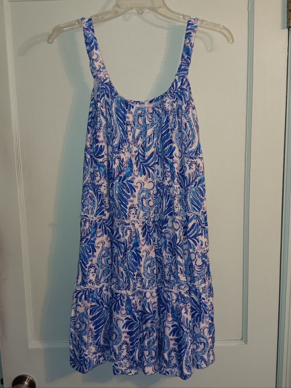 Lily Pulitzer Loro Tiered Cotton Knit Sundress Blue Paisley Flamingo Print Sz XS